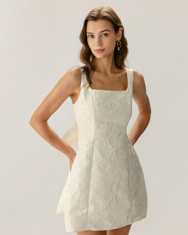 White Textured Bowknot Slip Mini Dresses - Image 2