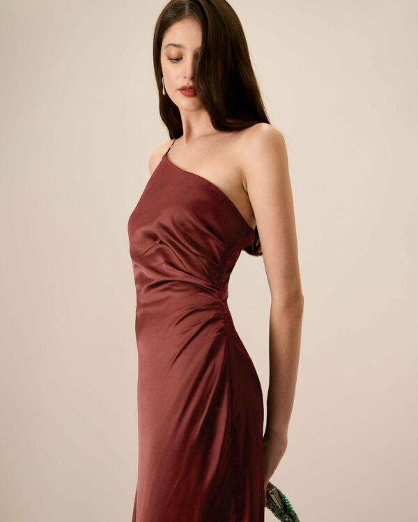 Red One-shoulder Satin Maxi Dress - Image 2