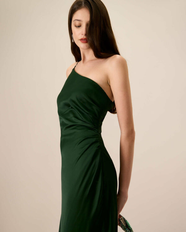 Women's Green One-shoulder Satin Maxi Dress - Image 4