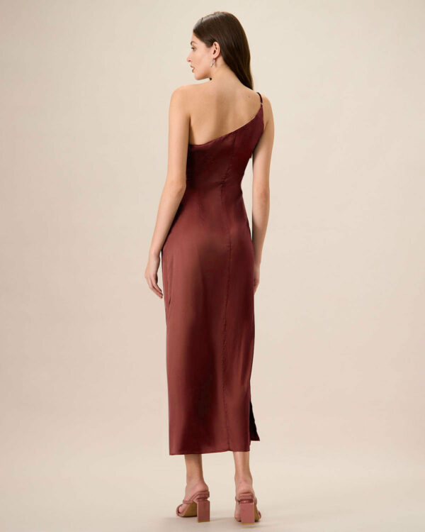 Red One-shoulder Satin Maxi Dress - Image 4