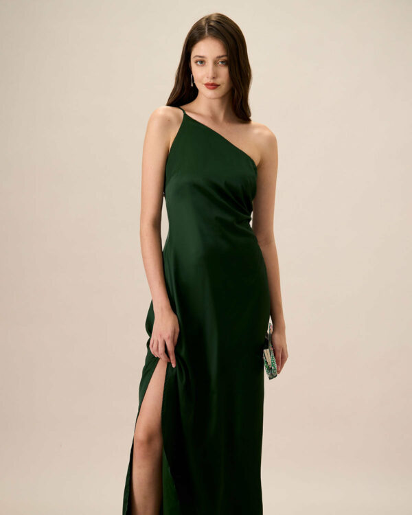 Women's Green One-shoulder Satin Maxi Dress - Image 2