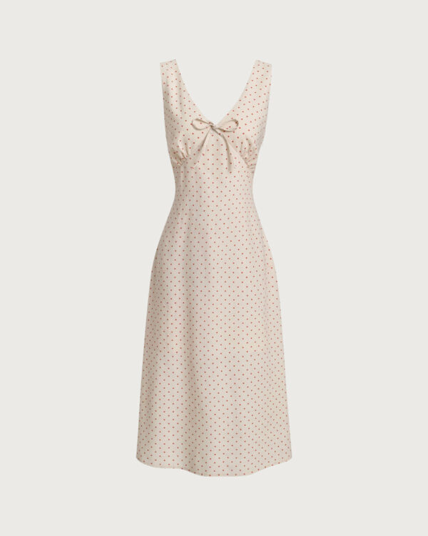 Beige V-neck Ruched Sleeveless Midi Dress - Image 5
