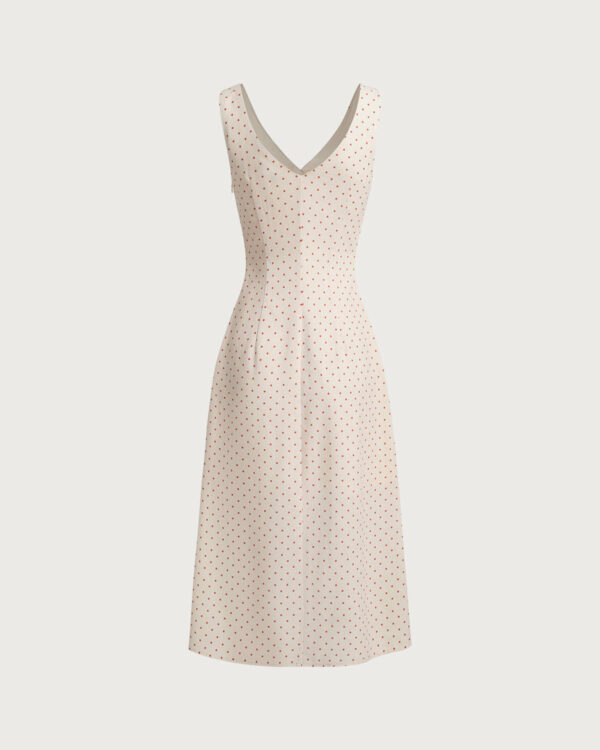Beige V-neck Ruched Sleeveless Midi Dress - Image 6