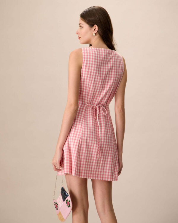 Women's Pink V-Neck Plaid Cotton Mini Dress - Image 6