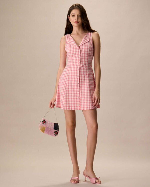 Women's Pink V-Neck Plaid Cotton Mini Dress - Image 5