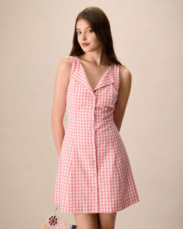 Women's Pink V-Neck Plaid Cotton Mini Dress - Image 4