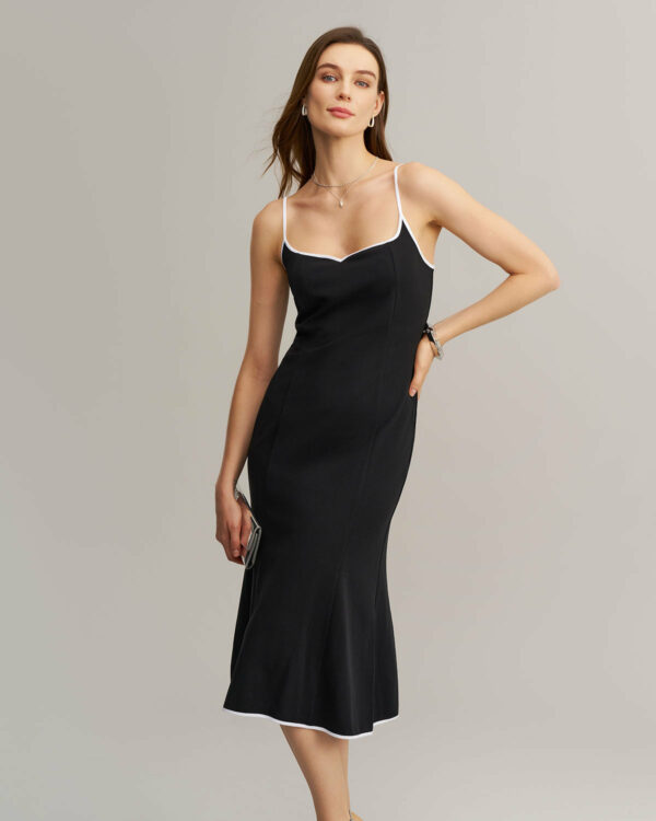 Black Contrast Neck Slip Midi Dress - Image 2