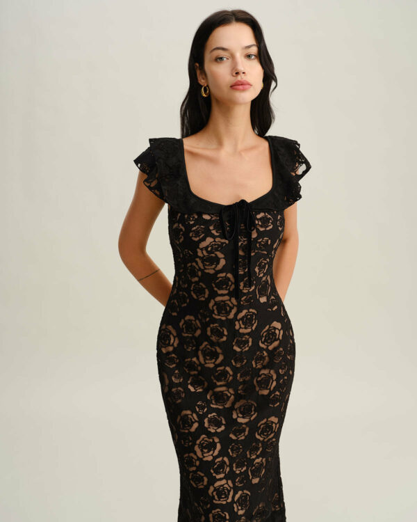 Black Textured Ruffle Mermaid Midi Dress - Image 3