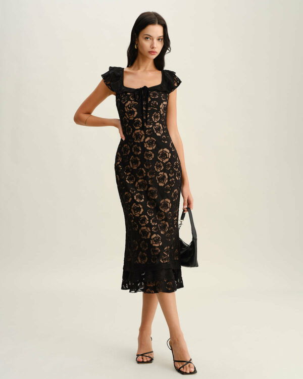 Black Textured Ruffle Mermaid Midi Dress - Image 4