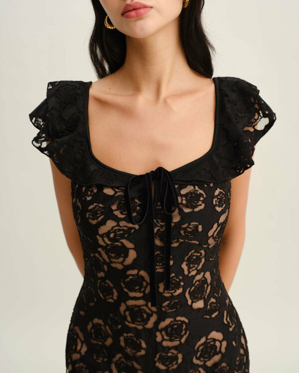 Black Textured Ruffle Mermaid Midi Dress - Image 2