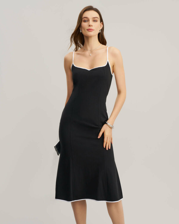 Black Contrast Neck Slip Midi Dress