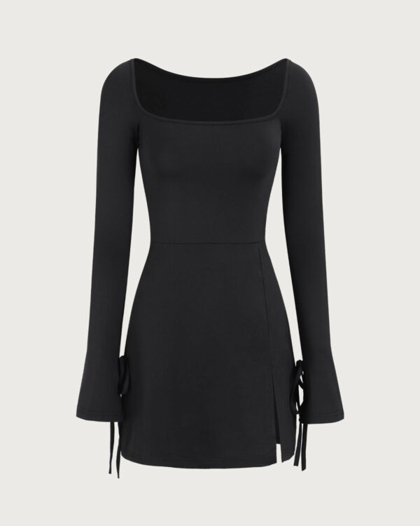 Women's Black Square Neck Long Sleeve Mini Dress - Image 6