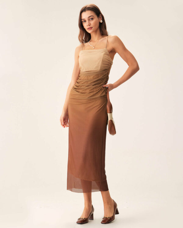 Brown Ruched Mesh Slip Midi Dress - Image 3