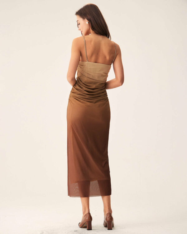 Brown Ruched Mesh Slip Midi Dress - Image 4