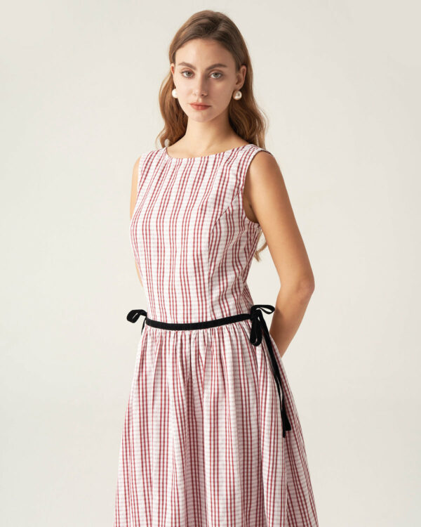 Red Plaid Boat Neck Midi Dress - Image 2