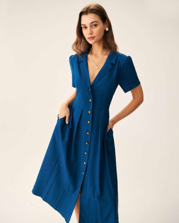 Blue V Neck Pleated Button Midi Dress - Image 3