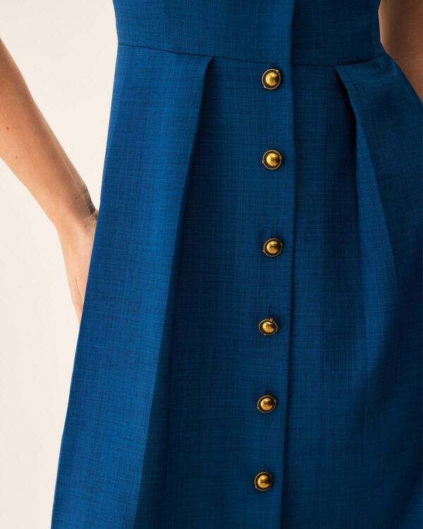 Blue V Neck Pleated Button Midi Dress - Image 2