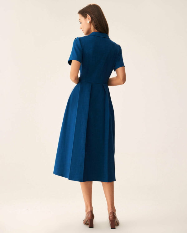 Blue V Neck Pleated Button Midi Dress - Image 6
