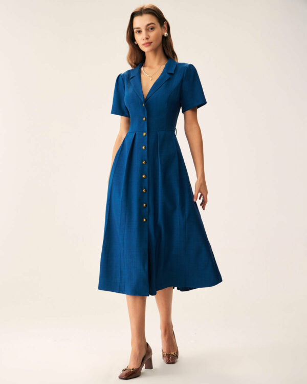 Blue V Neck Pleated Button Midi Dress - Image 4