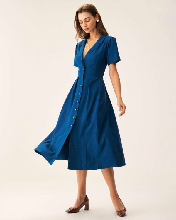 Blue V Neck Pleated Button Midi Dress - Image 5