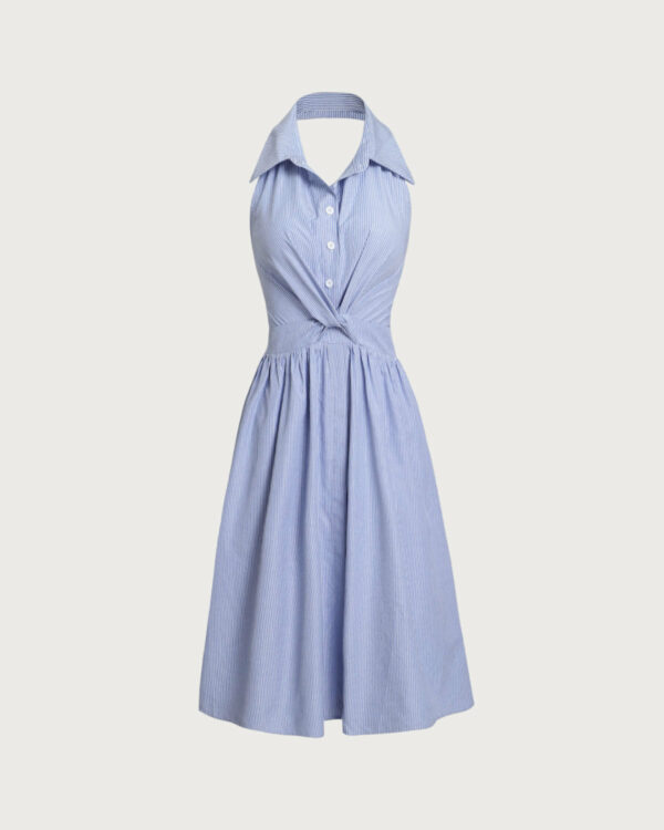 Blue Striped Backless Midi Dress - Image 8
