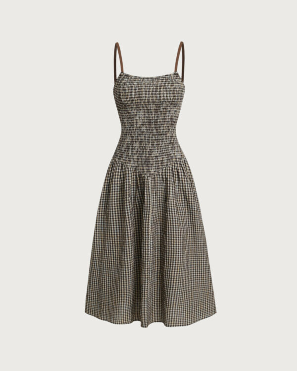 Brown Plaid Shirred Slip Midi Dress - Image 5