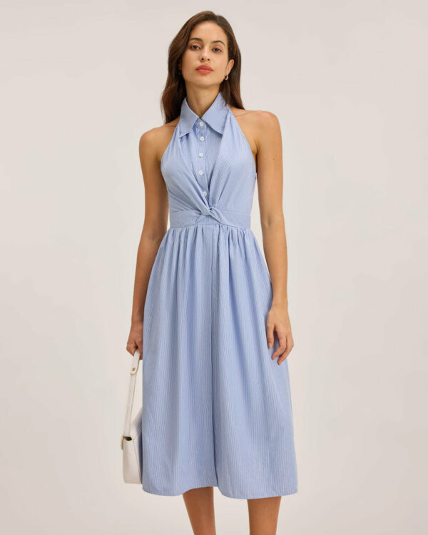 Blue Striped Backless Midi Dress