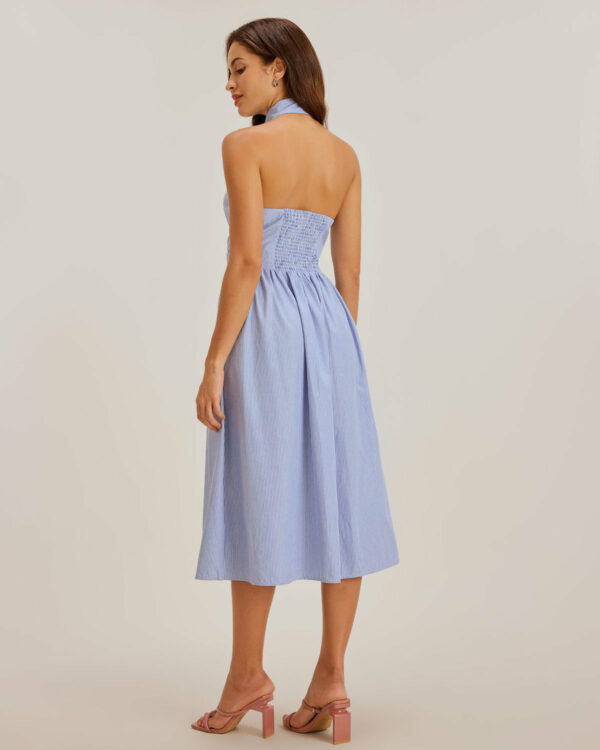 Blue Striped Backless Midi Dress - Image 6