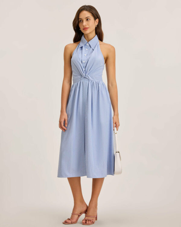 Blue Striped Backless Midi Dress - Image 4