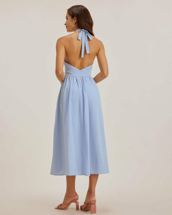 Blue Striped Backless Midi Dress - Image 7