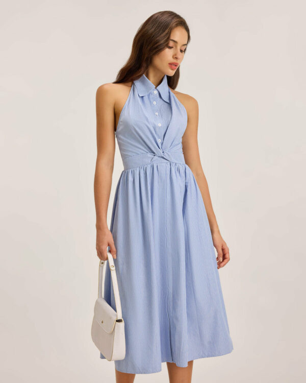 Blue Striped Backless Midi Dress - Image 3