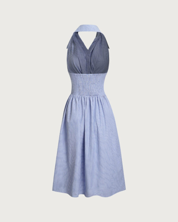 Blue Striped Backless Midi Dress - Image 9