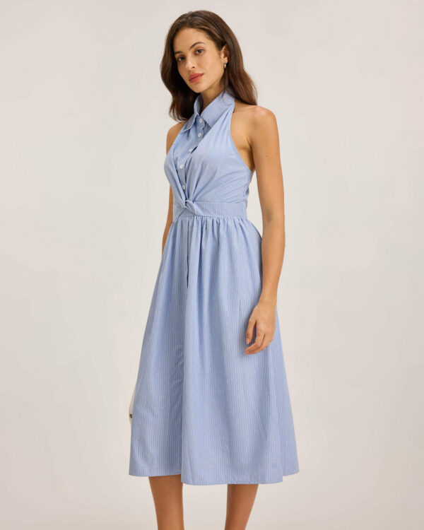 Blue Striped Backless Midi Dress - Image 5