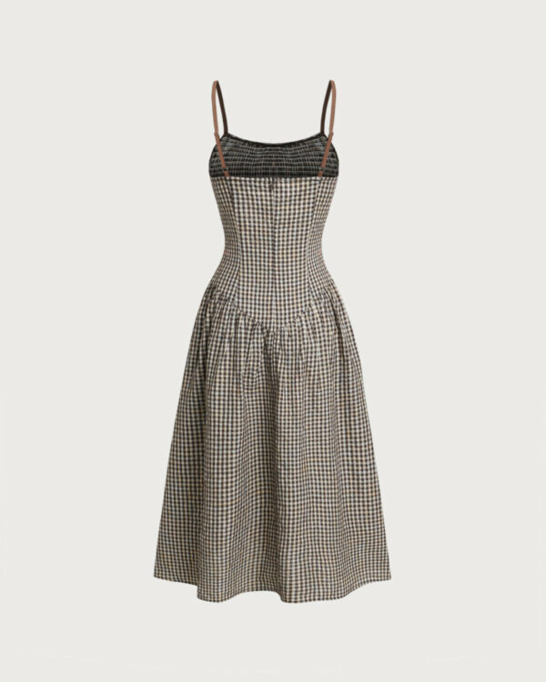 Brown Plaid Shirred Slip Midi Dress - Image 6