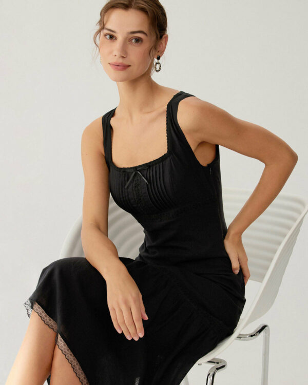 Black Square Neck Ruched Slip Midi Dress - Image 3