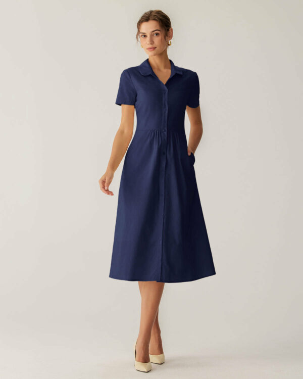 Navy Pocket Short Sleeve Midi Dress - Image 3