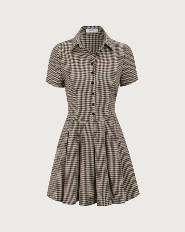Brown Plaid Lapel Pleated Mini Dress - Image 5