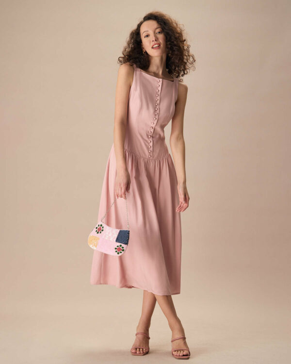 Women's Pink Boat Neck Sleeveless Lyocell Midi Dress - Image 3