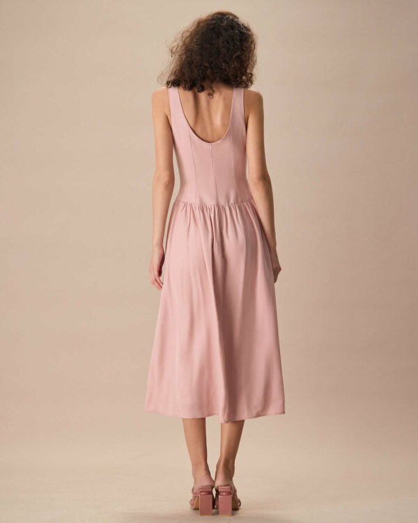 Women's Pink Boat Neck Sleeveless Lyocell Midi Dress - Image 4