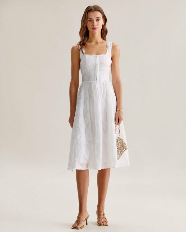 White Jacquard Shirred Slip Midi Dress - Image 4
