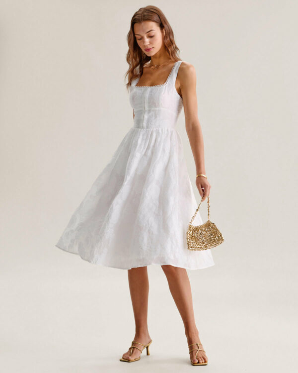 White Jacquard Shirred Slip Midi Dress - Image 3