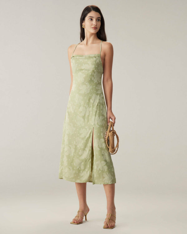 Green Jacquard Backless Slip Midi Dress - Image 4