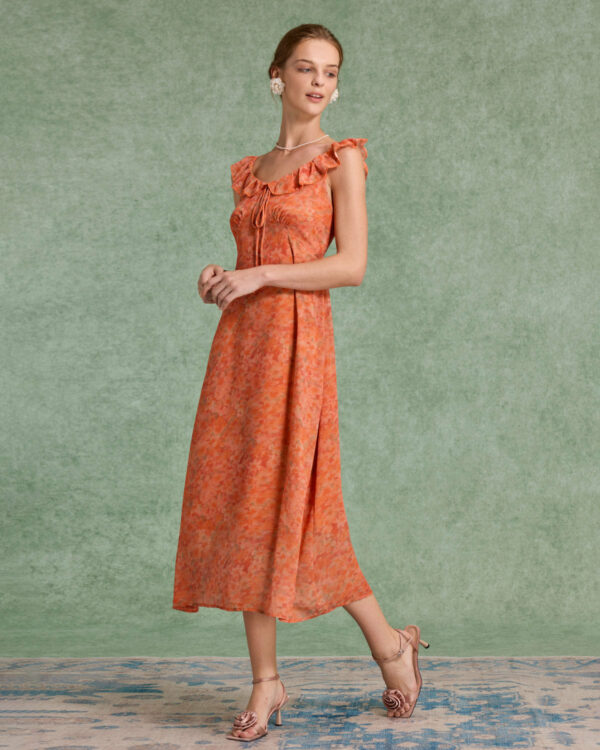 Orange Floral Ruffle Sleeveless Maxi Dress - Image 7