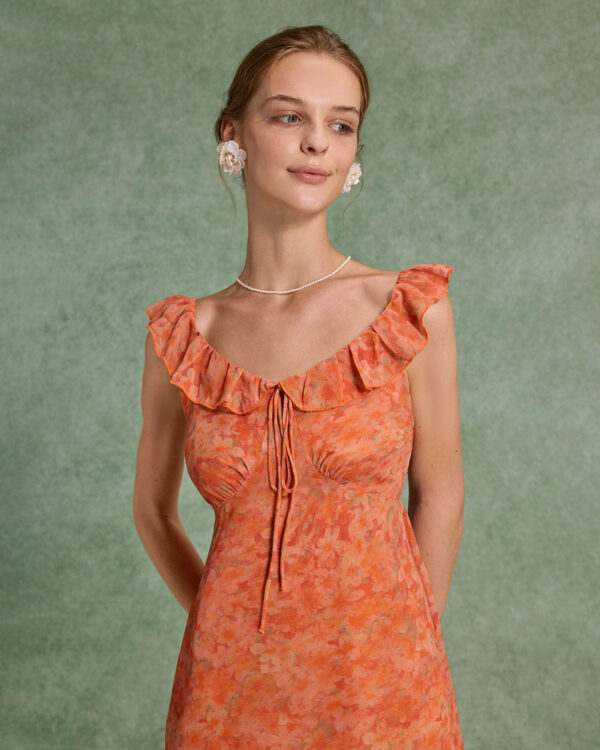 Orange Floral Ruffle Sleeveless Maxi Dress - Image 5