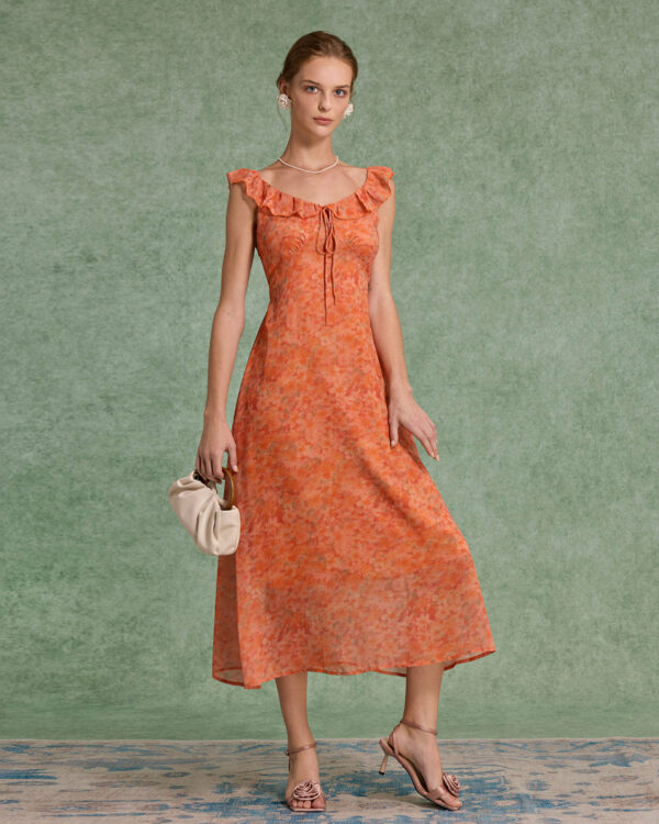 Orange Floral Ruffle Sleeveless Maxi Dress - Image 4
