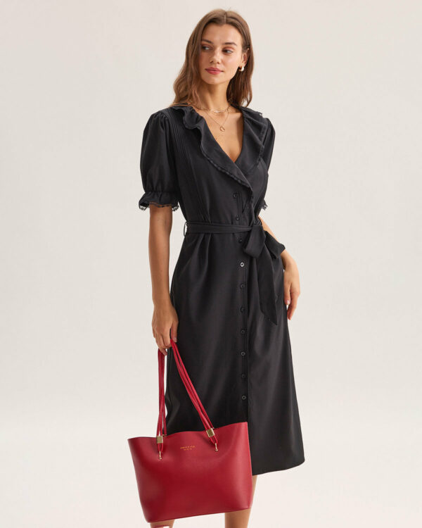 Black Ruffle Belted Maxi Dress