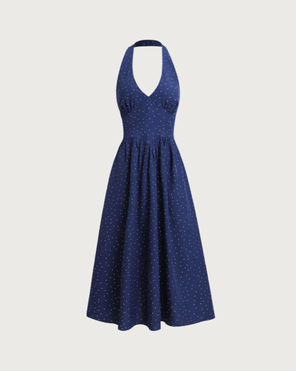 Blue Polka Dot Halter Maxi Dress