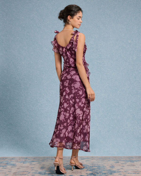 Purple Floral Ruffle Tie Strap Maxi Dress - Image 7