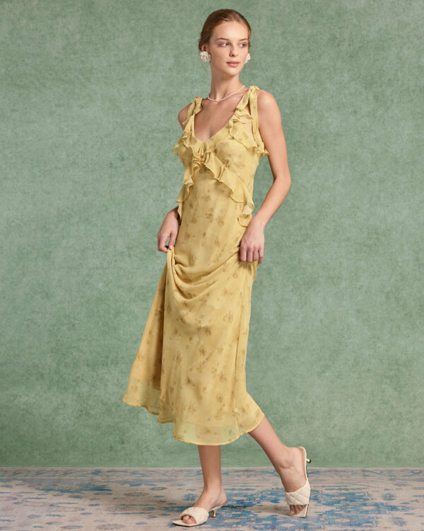 Yellow Floral Chiffon Tie Strap Maxi Dress - Image 4