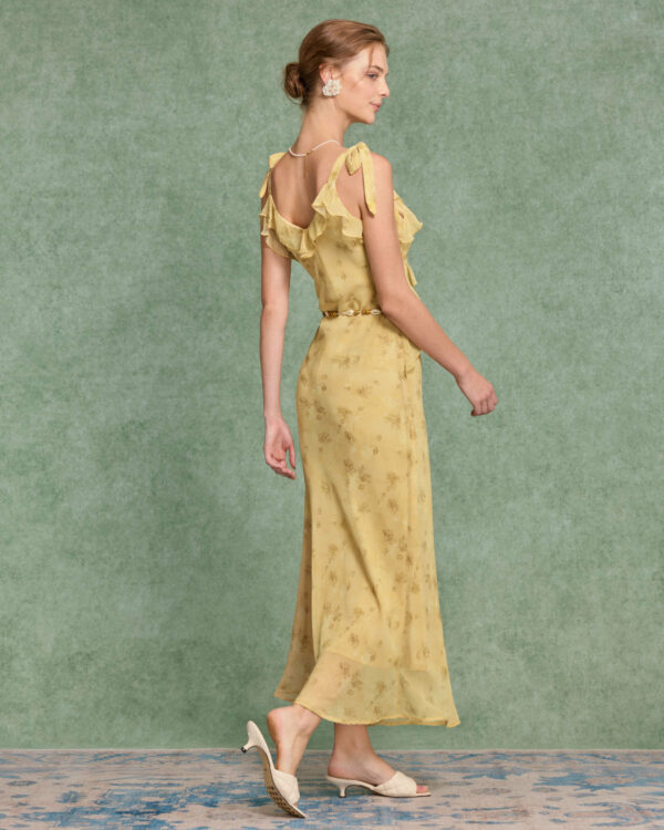 Yellow Floral Chiffon Tie Strap Maxi Dress - Image 7